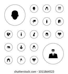 Editable vector portrait icons: elephant, woman hairstyle, woman, face, curly hair, hairstyle, security guy on white background.