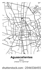 Mapa del afiche de Vector editable de Aguascalientes, México, que muestra diseños detallados de calles, carreteras principales, vecindarios y Lugares famosos en colores negro, blanco, gris y blanco.