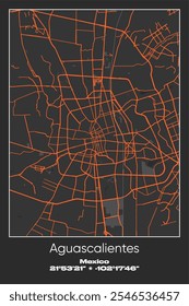 Mapa del afiche de Vector editable de Aguascalientes, México, que muestra diseños detallados de calles, carreteras principales, vecindarios y Lugares famosos en colores gris, negro y naranja.