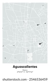 Mapa del afiche de Vector editable de Aguascalientes, México, que muestra diseños detallados de calles, carreteras principales, vecindarios y Lugares famosos en colores gris, negro, blanco y blanco.