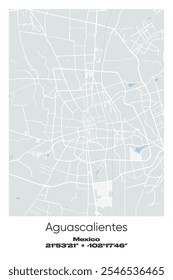 Mapa del afiche de Vector editable de Aguascalientes, México, que muestra diseños detallados de calles, carreteras principales, vecindarios y Lugares famosos en colores gris, blanco, verde y azul.