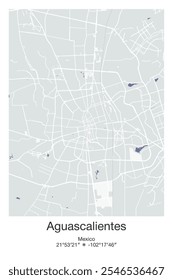 Mapa del afiche de Vector editable de Aguascalientes, México, que muestra diseños detallados de calles, carreteras principales, vecindarios y Lugares famosos en colores gris, azul, verde y blanco.