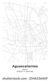 Mapa del afiche de Vector editable de Aguascalientes, México, que muestra diseños detallados de calles, carreteras principales, vecindarios y Lugares famosos en colores pastel, gris, blanco y verde.