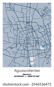 Mapa del afiche de Vector editable de Aguascalientes, México, que muestra diseños detallados de calles, carreteras principales, vecindarios y Lugares famosos en colores azul, gris, amarillo y oliva.