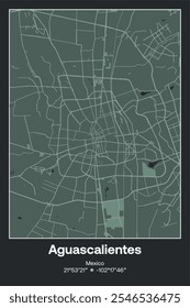 Mapa del afiche de Vector editable de Aguascalientes, México, que muestra diseños detallados de calles, carreteras principales, vecindarios y Lugares famosos en colores gris oscuro, gris, verde, gris-verde.