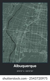 Editable vector poster map of Albuquerque,New Mexico, showcasing detailed street layouts, main roads, neighborhoods, and landmarks in Dark gray, Gray, Green, gray-green colors.