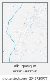 Editable vector poster map of Albuquerque,New Mexico, showcasing detailed street layouts, main roads, neighborhoods, and landmarks in Gray, white, blue colors.