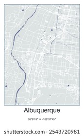 Editable vector poster map of Albuquerque,New Mexico, showcasing detailed street layouts, main roads, neighborhoods, and landmarks in Gray, Blue, Green, White colors.
