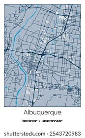 Editable vector poster map of Albuquerque,New Mexico, showcasing detailed street layouts, main roads, neighborhoods, and landmarks in Blue, Gray, Yellow, Olive colors.