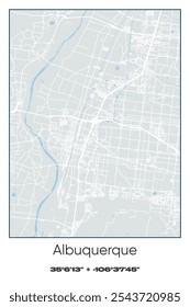 Editable vector poster map of Albuquerque,New Mexico, showcasing detailed street layouts, main roads, neighborhoods, and landmarks in Gray, white, green, blue colors.