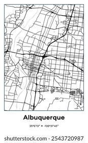 Editable vector poster map of Albuquerque,New Mexico, showcasing detailed street layouts, main roads, neighborhoods, and landmarks in Black, white, gray colors.