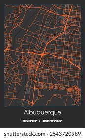 Editable vector poster map of Albuquerque,New Mexico, showcasing detailed street layouts, main roads, neighborhoods, and landmarks in Gray, Black, Orange colors.