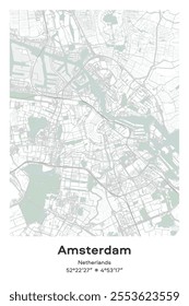 Editable vector poster map of Amsterdam, Netherlands, showcasing detailed street layouts, main roads, neighborhoods, and landmarks in Pastel, Gray, White, Green colors.