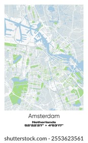 Editable vector poster map of Amsterdam, Netherlands, showcasing detailed street layouts, main roads, neighborhoods, and landmarks in Gray, white, green, blue colors.