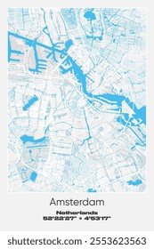 Editable vector poster map of Amsterdam, Netherlands, showcasing detailed street layouts, main roads, neighborhoods, and landmarks in Gray, white, blue colors.