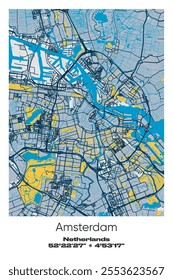 Editable vector poster map of Amsterdam, Netherlands, showcasing detailed street layouts, main roads, neighborhoods, and landmarks in Blue, Gray, Yellow, Olive colors.