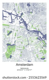 Editable vector poster map of Amsterdam, Netherlands, showcasing detailed street layouts, main roads, neighborhoods, and landmarks in Gray, Blue, Green, White colors.