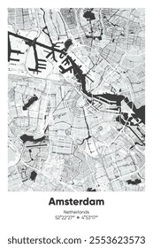 Editable vector poster map of Amsterdam, Netherlands, showcasing detailed street layouts, main roads, neighborhoods, and landmarks in Gray, Black, White, BW colors.