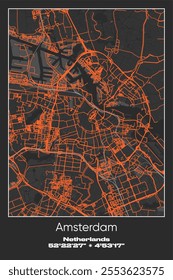 Editable vector poster map of Amsterdam, Netherlands, showcasing detailed street layouts, main roads, neighborhoods, and landmarks in Gray, Black, Orange colors.