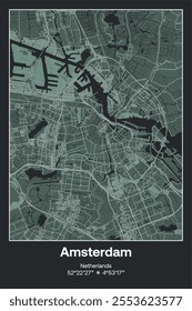 Editable vector poster map of Amsterdam, Netherlands, showcasing detailed street layouts, main roads, neighborhoods, and landmarks in Dark gray, Gray, Green, gray-green colors.