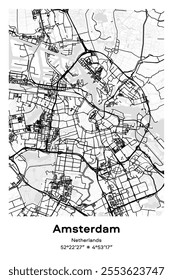 Editable vector poster map of Amsterdam, Netherlands, showcasing detailed street layouts, main roads, neighborhoods, and landmarks in Black, white, gray, BW colors.