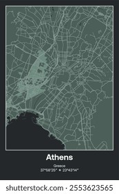 Editable vector poster map of Athens, Greece, showcasing detailed street layouts, main roads, neighborhoods, and landmarks in Dark gray, Gray, Green, gray-green colors.