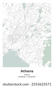 Editable vector poster map of Athens, Greece, showcasing detailed street layouts, main roads, neighborhoods, and landmarks in Pastel, Gray, White, Green colors.