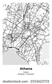 Editable vector poster map of Athens, Greece, showcasing detailed street layouts, main roads, neighborhoods, and landmarks in Black, white, gray, BW colors.