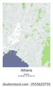 Editable vector poster map of Athens, Greece, showcasing detailed street layouts, main roads, neighborhoods, and landmarks in Gray, Blue, Green, White colors.