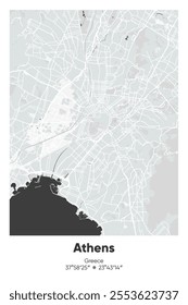 Editable vector poster map of Athens, Greece, showcasing detailed street layouts, main roads, neighborhoods, and landmarks in Gray, Black, White, BW colors.