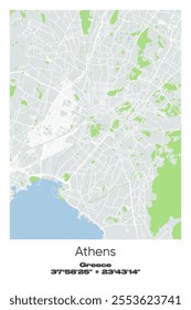 Editable vector poster map of Athens, Greece, showcasing detailed street layouts, main roads, neighborhoods, and landmarks in Gray, white, green, blue colors.