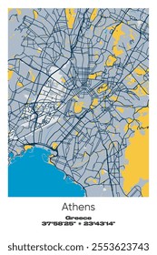 Editable vector poster map of Athens, Greece, showcasing detailed street layouts, main roads, neighborhoods, and landmarks in Blue, Gray, Yellow, Olive colors.