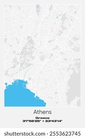 Editable vector poster map of Athens, Greece, showcasing detailed street layouts, main roads, neighborhoods, and landmarks in Gray, white, blue colors.