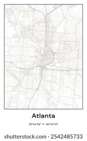 Editable vector poster map of Atlanta,Georgia, showcasing detailed street layouts, main roads, neighborhoods, and landmarks in Pastel, Gray, White, Green colors.