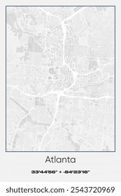 Mapa de cartaz vetorial editável de Atlanta, Geórgia, mostrando detalhados layouts de rua, principais estradas, bairros e pontos de referência em cores cinzentas, brancas e azuis.