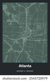 Editable vector poster map of Atlanta,Georgia, showcasing detailed street layouts, main roads, neighborhoods, and landmarks in Dark gray, Gray, Green, gray-green colors.