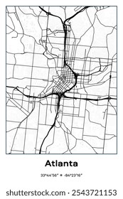 Editable vector poster map of Atlanta,Georgia, showcasing detailed street layouts, main roads, neighborhoods, and landmarks in Black, white, gray colors.