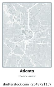 Editable vector poster map of Atlanta,Georgia, showcasing detailed street layouts, main roads, neighborhoods, and landmarks in Gray, Black, White colors.