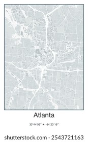 Editable vector poster map of Atlanta,Georgia, showcasing detailed street layouts, main roads, neighborhoods, and landmarks in Gray, Blue, Green, White colors.