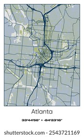 Editable vector poster map of Atlanta,Georgia, showcasing detailed street layouts, main roads, neighborhoods, and landmarks in Blue, Gray, Yellow, Olive colors.