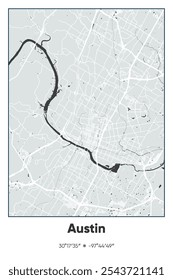 Editable vector poster map of Austin,Texas, showcasing detailed street layouts, main roads, neighborhoods, and landmarks in Gray, Black, White colors.
