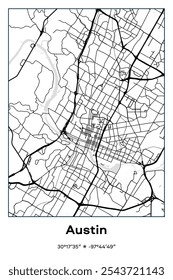 Editable vector poster map of Austin,Texas, showcasing detailed street layouts, main roads, neighborhoods, and landmarks in Black, white, gray colors.
