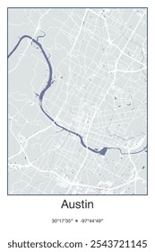 Editable vector poster map of Austin,Texas, showcasing detailed street layouts, main roads, neighborhoods, and landmarks in Gray, Blue, Green, White colors.