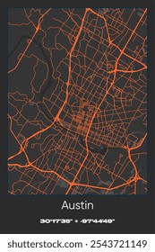 Editable vector poster map of Austin,Texas, showcasing detailed street layouts, main roads, neighborhoods, and landmarks in Gray, Black, Orange colors.