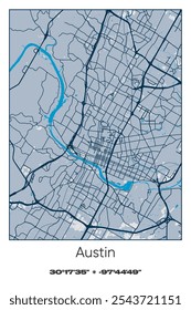 Editable vector poster map of Austin,Texas, showcasing detailed street layouts, main roads, neighborhoods, and landmarks in Blue, Gray, Yellow, Olive colors.