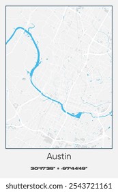 Mapa de pôster vetorial editável de Austin, Texas, exibindo detalhados layouts de rua, principais estradas, bairros e pontos de referência em cores cinza, branco e azul.