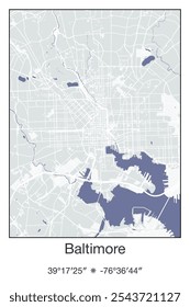 Mapa editável de pôster vetorial de Baltimore, Maryland, mostrando detalhados layouts de ruas, principais estradas, bairros e pontos de referência em cores cinza, azul, verde e branco.