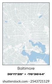 Editable vector poster map of Baltimore,Maryland, showcasing detailed street layouts, main roads, neighborhoods, and landmarks in Gray, white, green, blue colors.