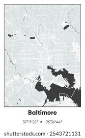 Editable vector poster map of Baltimore,Maryland, showcasing detailed street layouts, main roads, neighborhoods, and landmarks in Gray, Black, White colors.