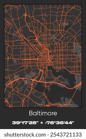 Editable vector poster map of Baltimore,Maryland, showcasing detailed street layouts, main roads, neighborhoods, and landmarks in Gray, Black, Orange colors.